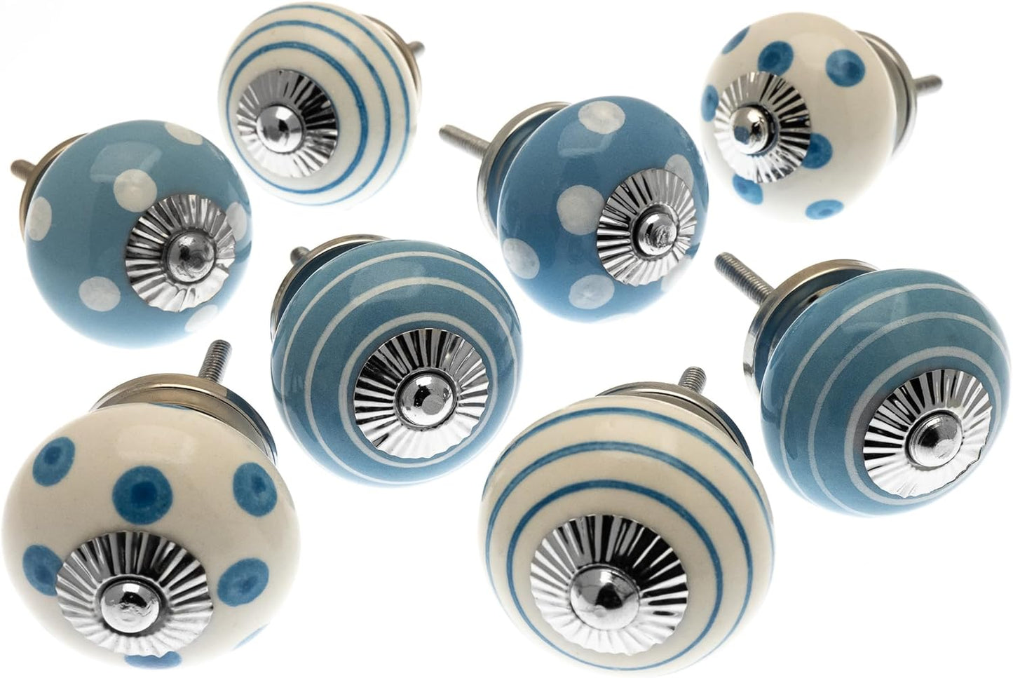 Ceramic Door Knobs in Pale Blue - Hand Painted Dots  (Set of 8)