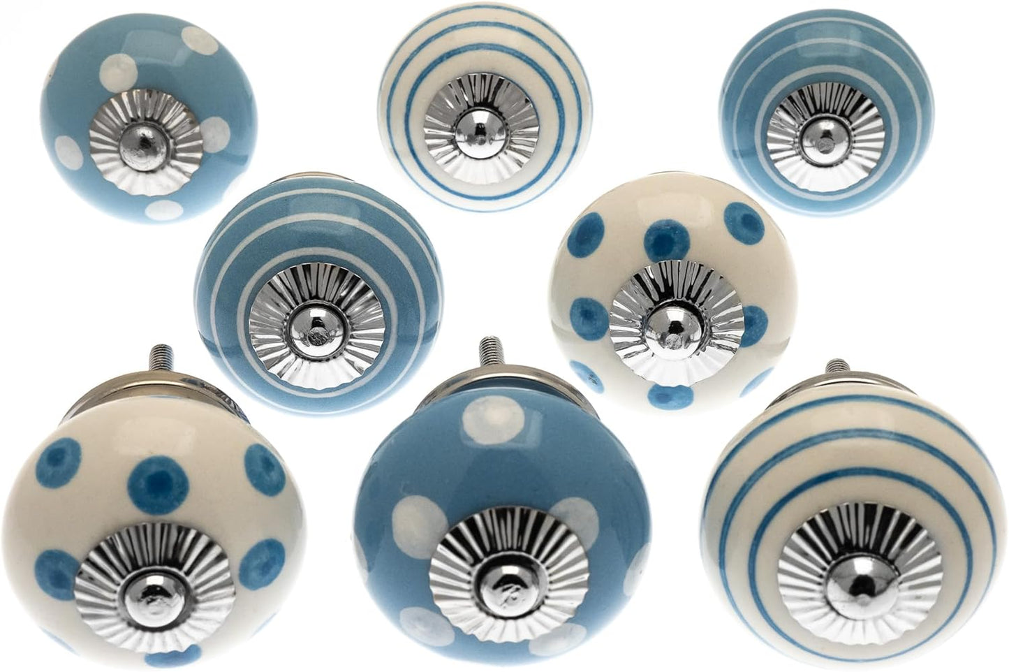 Ceramic Door Knobs in Pale Blue - Hand Painted Dots  (Set of 8)
