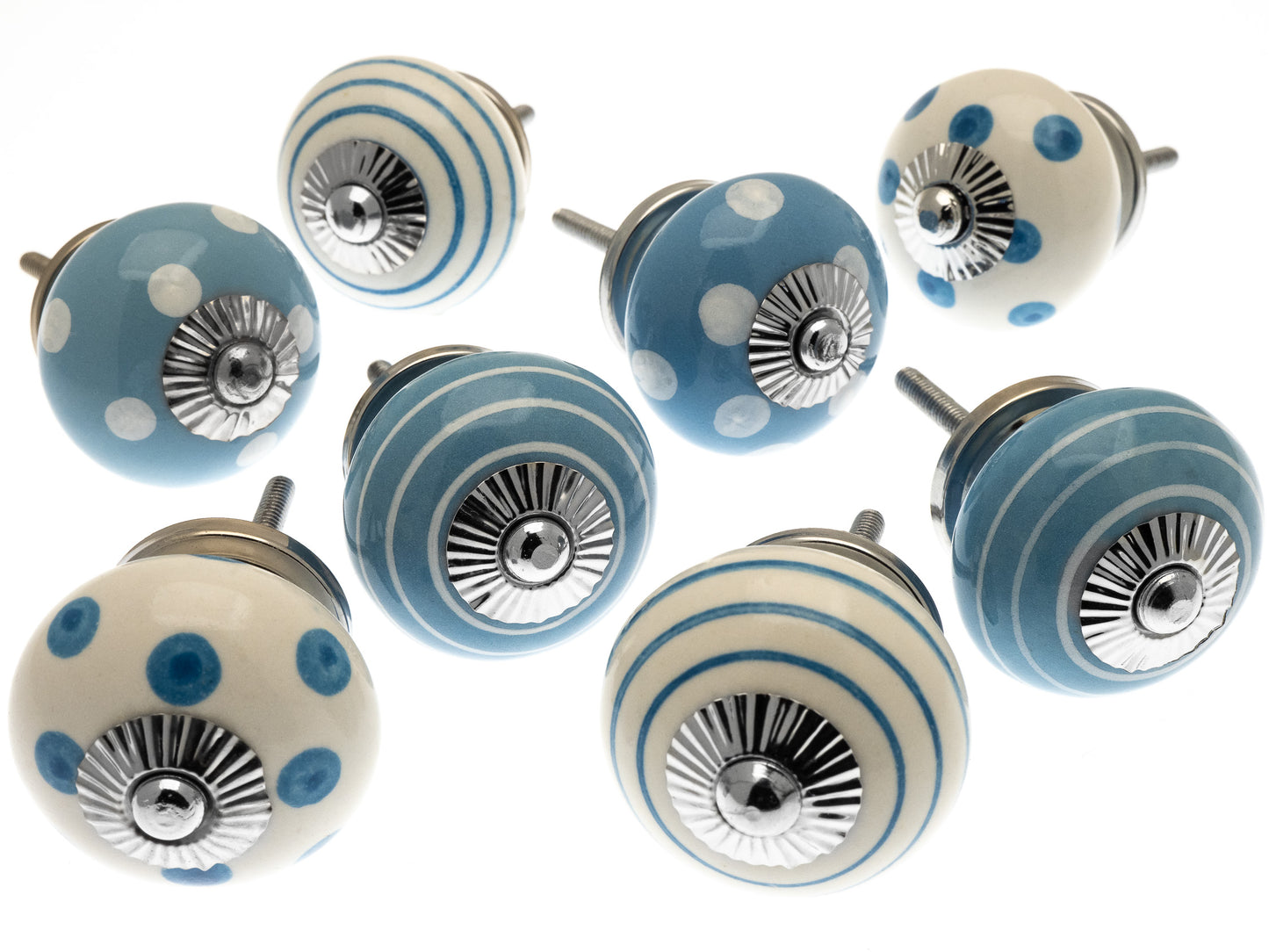 Ceramic Door Knobs in Pale Blue - Hand Painted Dots  (Set of 8)