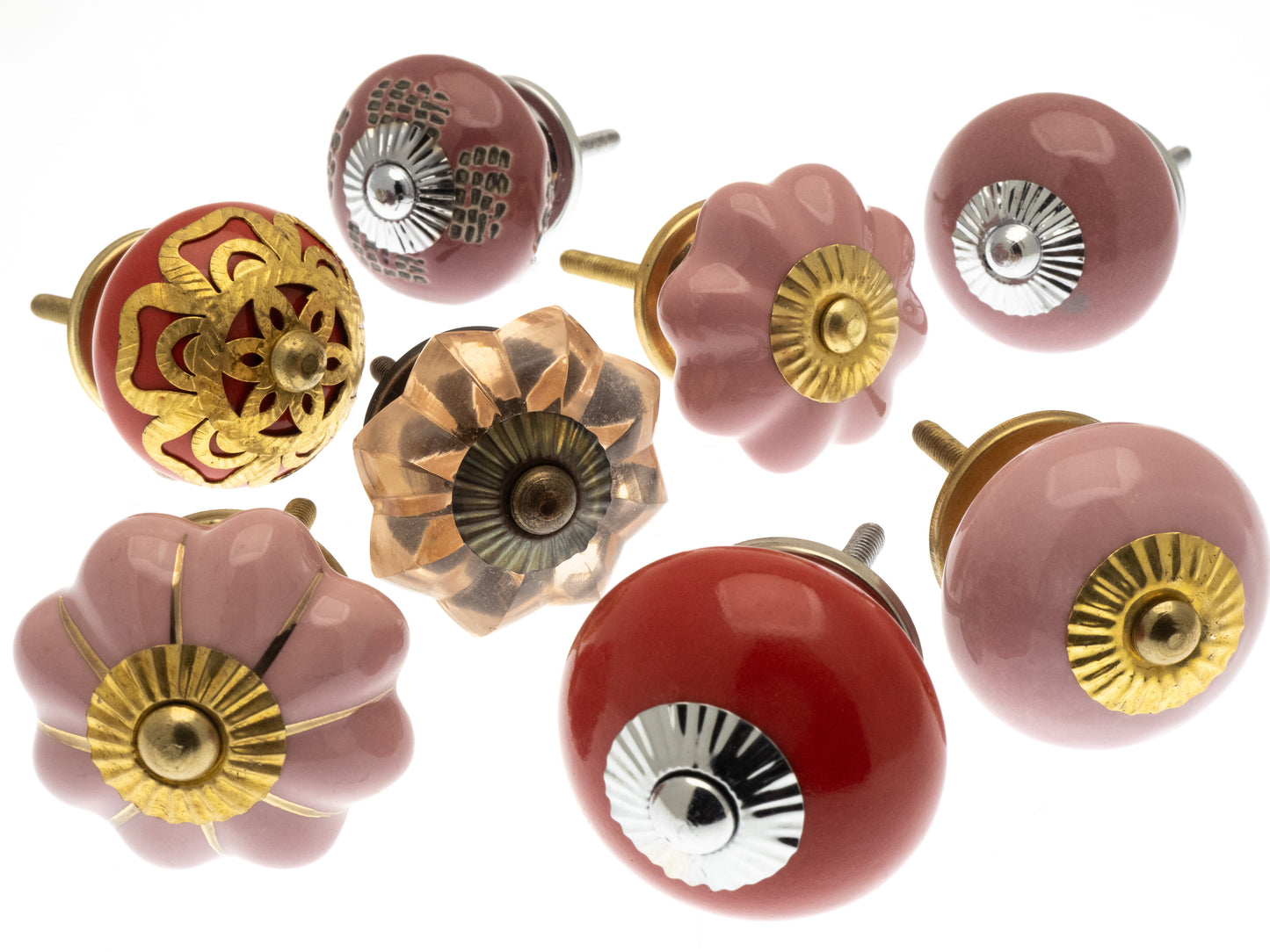 Ceramic Door Knobs - 8 Red & Pink Glass and Brass