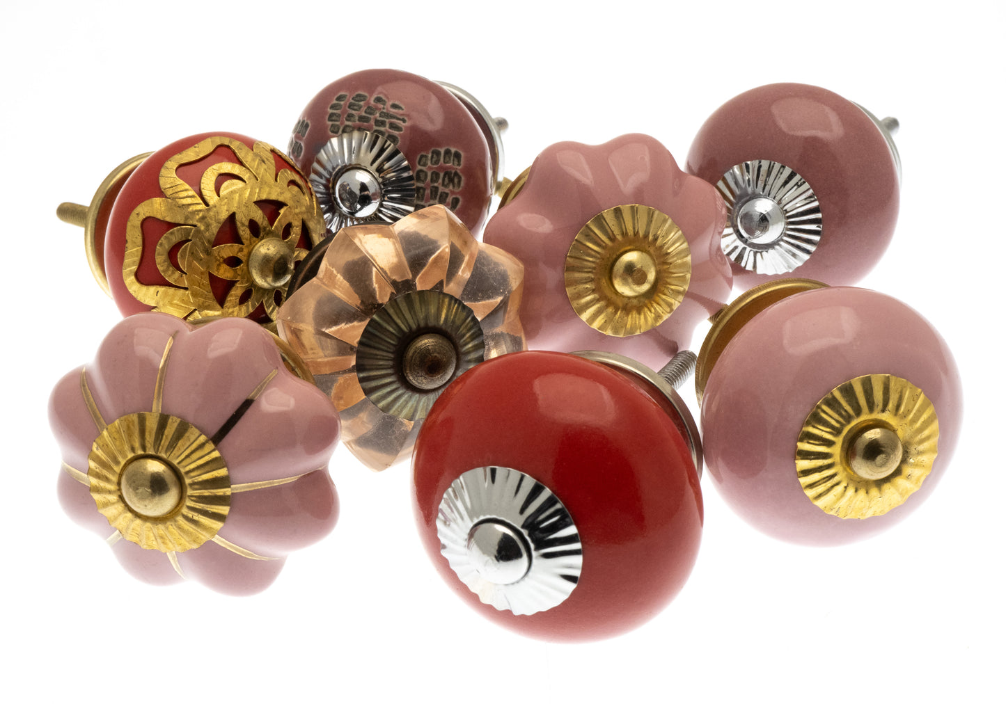 Ceramic Door Knobs - 8 Red & Pink Glass and Brass