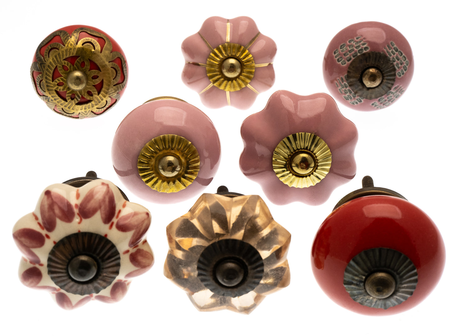 Ceramic Door Knobs - 8 Red & Pink Glass and Brass