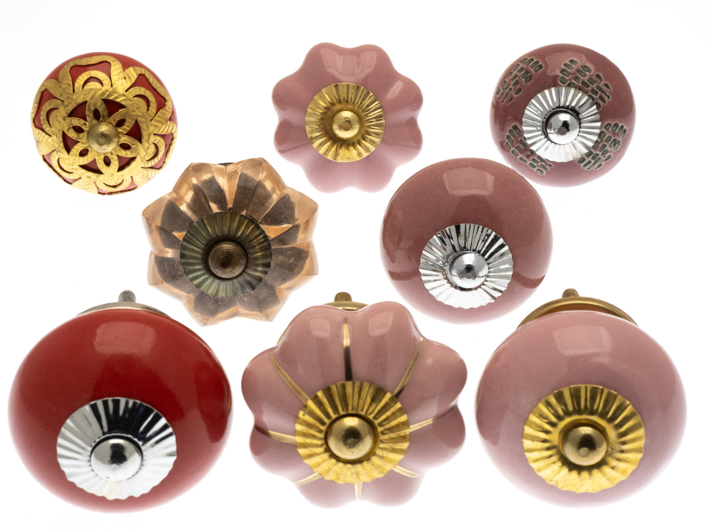 Ceramic Door Knobs - 8 Red & Pink Glass and Brass