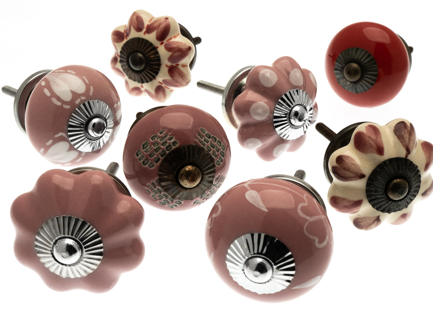Ceramic Door Knobs - 8 Pretty Pink, Red Hearts and Daisies