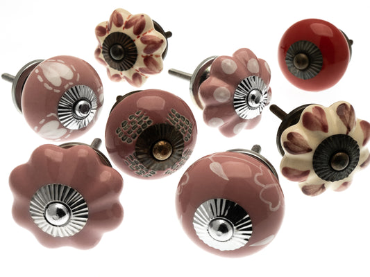 Ceramic Door Knobs - 8 Pretty Pink, Red Hearts and Daisies