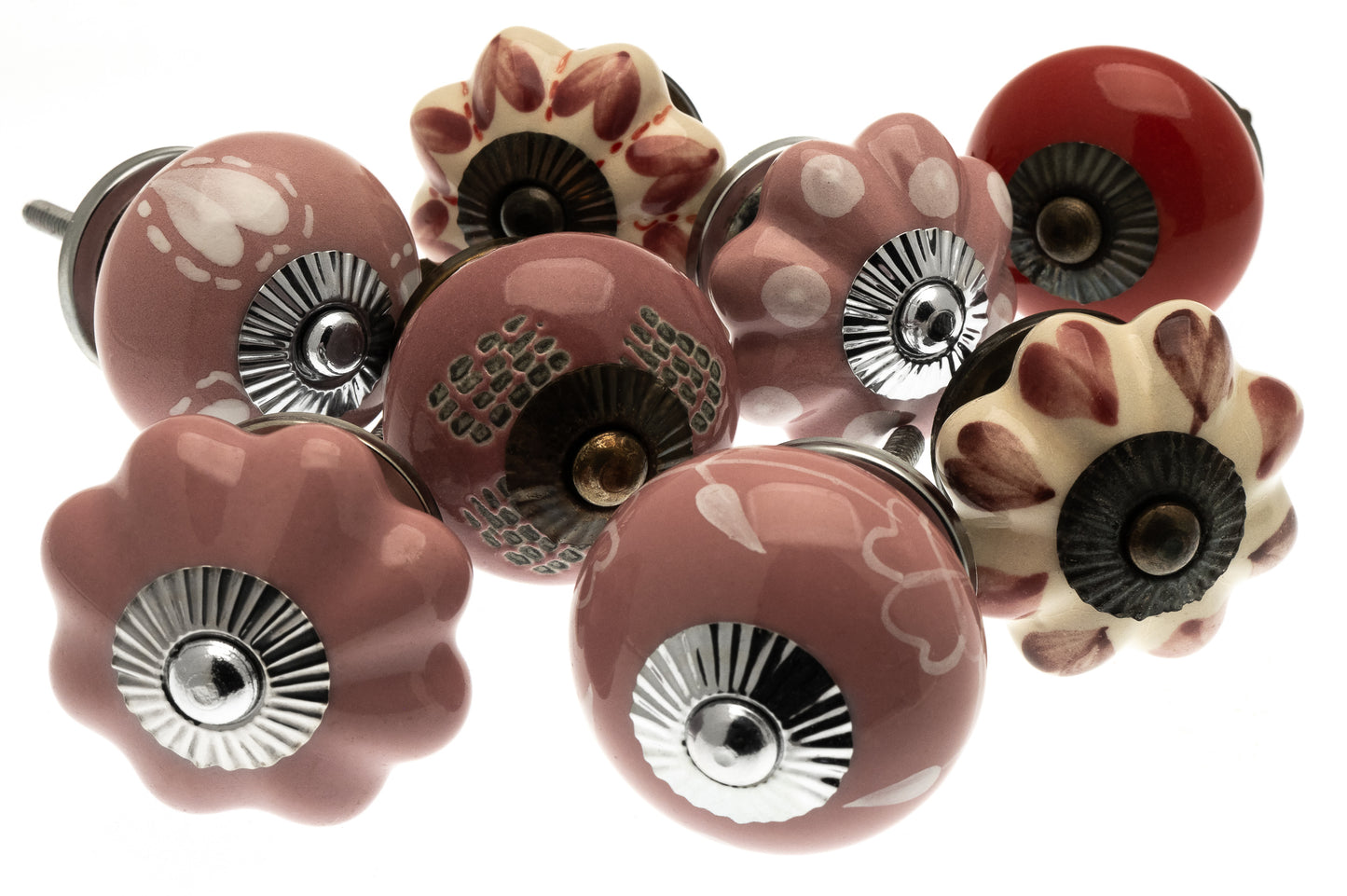 Ceramic Door Knobs - 8 Pretty Pink, Red Hearts and Daisies