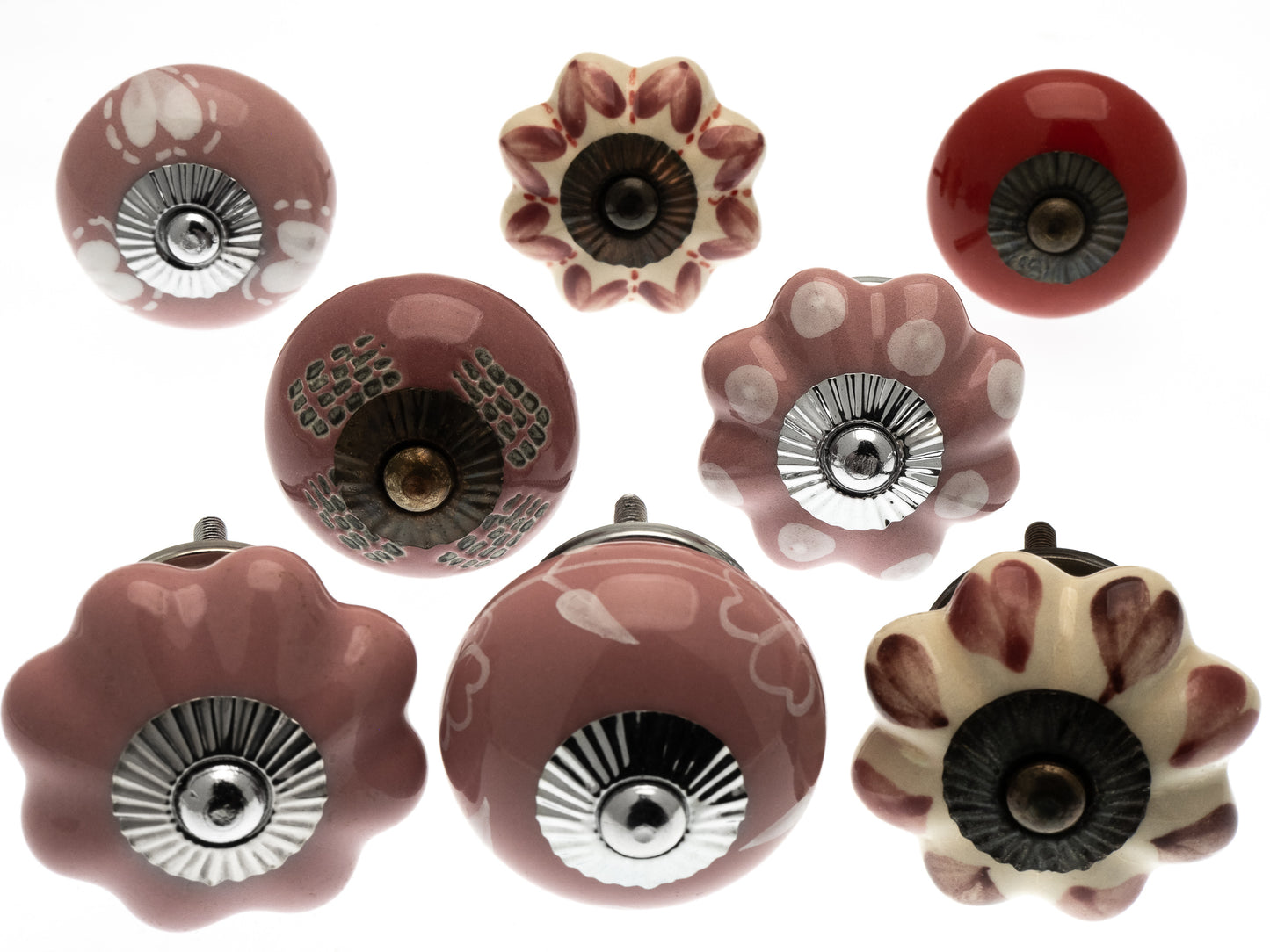 Ceramic Door Knobs - 8 Pretty Pink, Red Hearts and Daisies