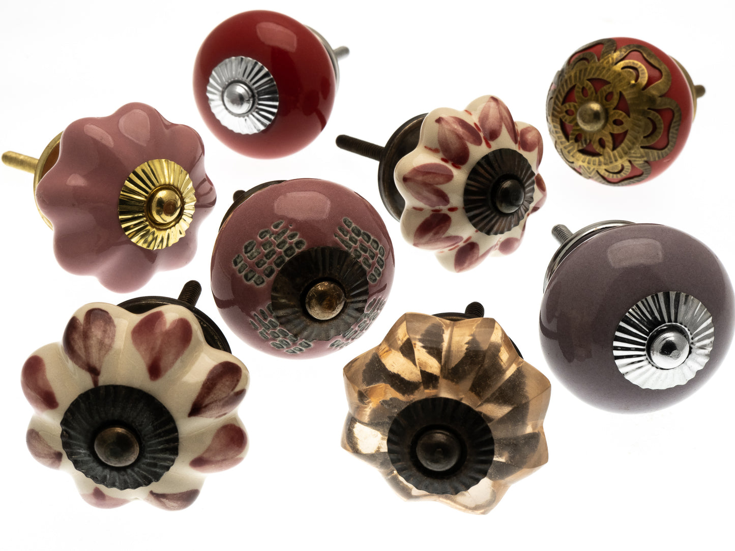 Ceramic and Glass Cupboard Door Knobs in 10 Pink and Red Designs