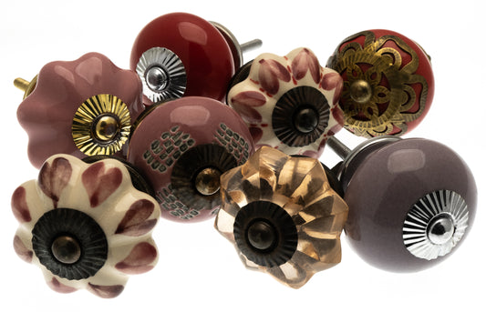 Ceramic and Glass Cupboard Door Knobs in 10 Pink and Red Designs