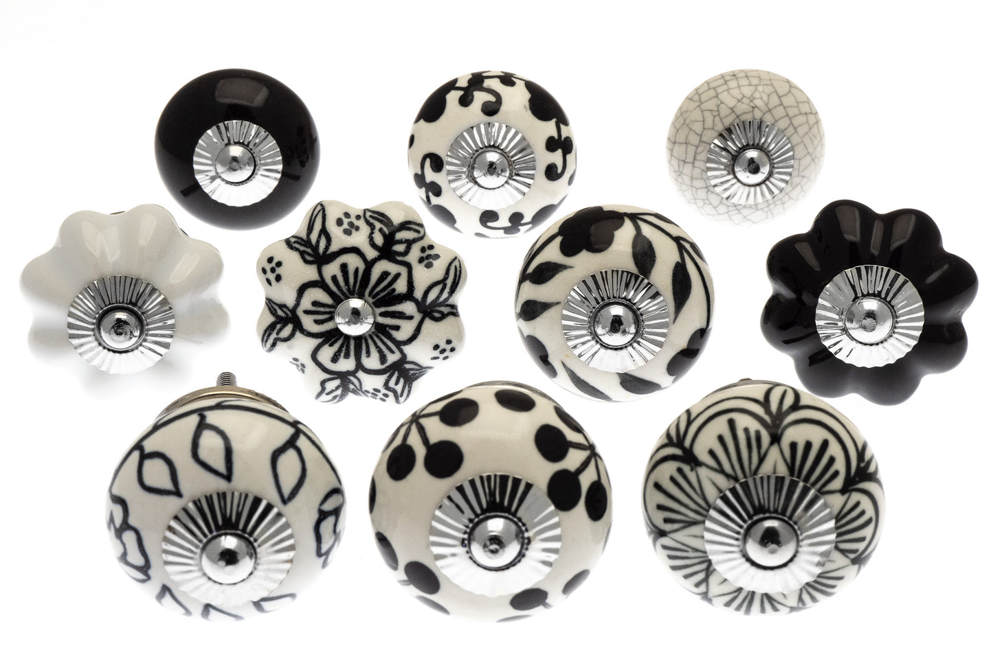 Ceramic Door Knob Classic Hand Painted Black & White and Off White Set of 10