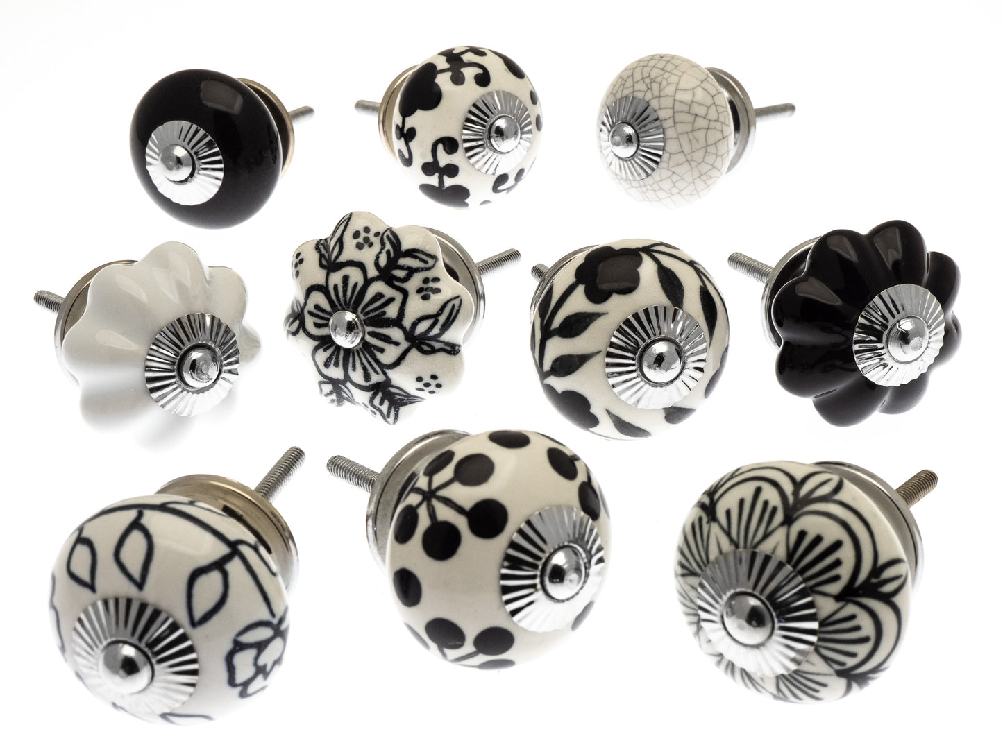 Ceramic Door Knob Classic Hand Painted Black & White and Off White Set of 10