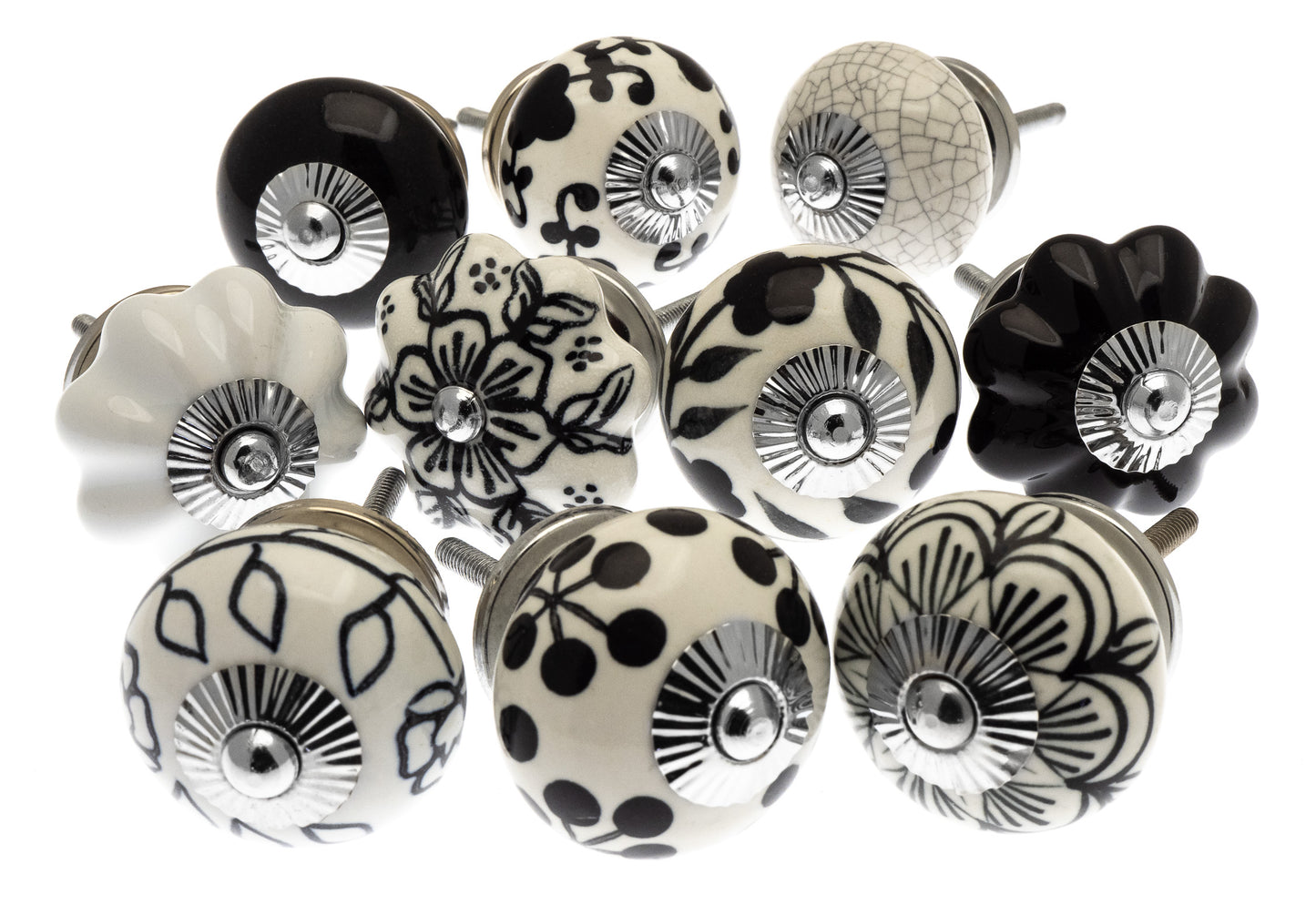 Ceramic Door Knob Classic Hand Painted Black & White and Off White Set of 10