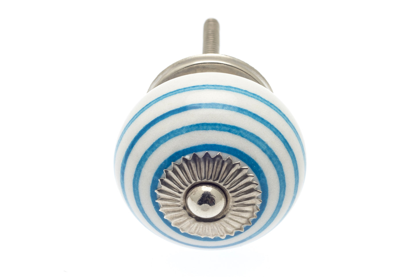 Round Ceramic Knob White with Blue Stripes / Hoops 40mm