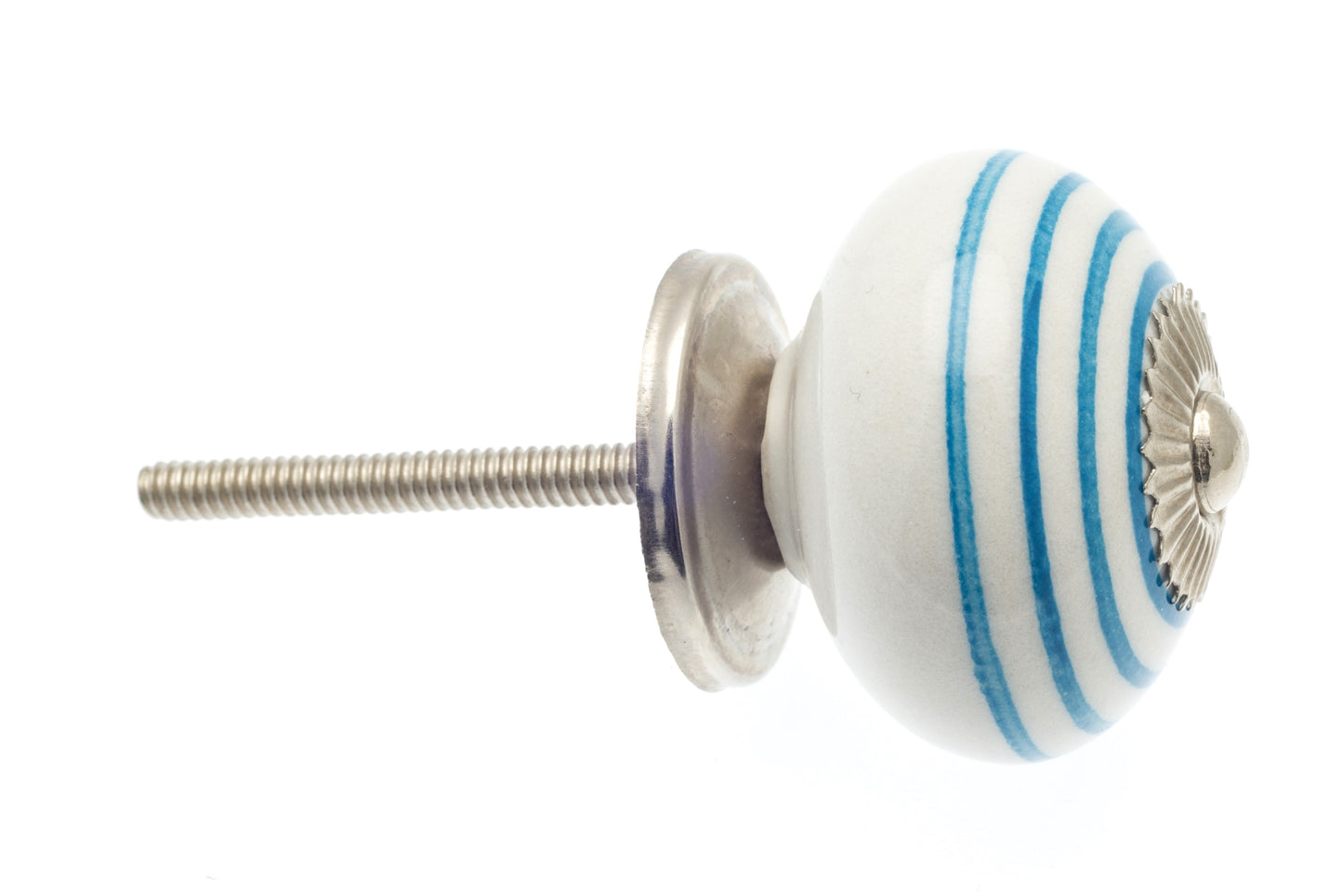 Round Ceramic Knob White with Blue Stripes / Hoops 40mm
