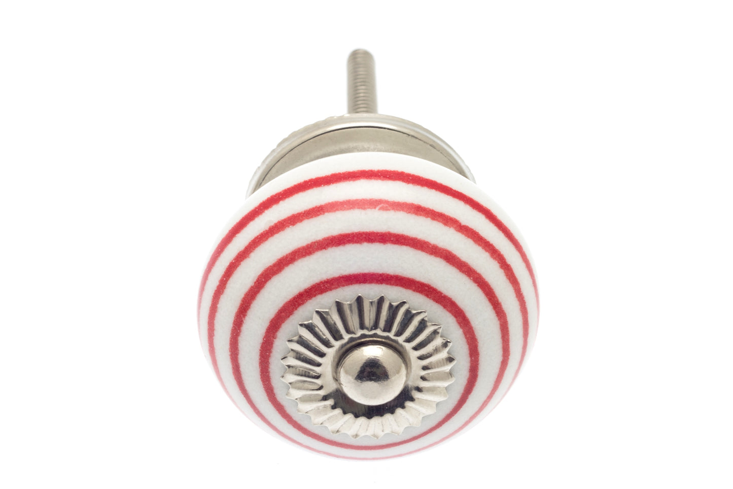 Round Ceramic Knob White with Red Stripes / Hoops 40mm