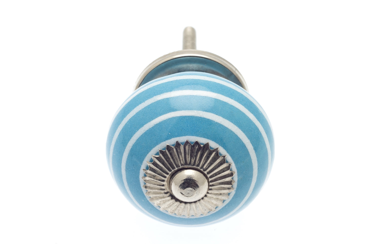 Bouton rond en céramique bleu avec rayures blanches/cerceaux 40 mm