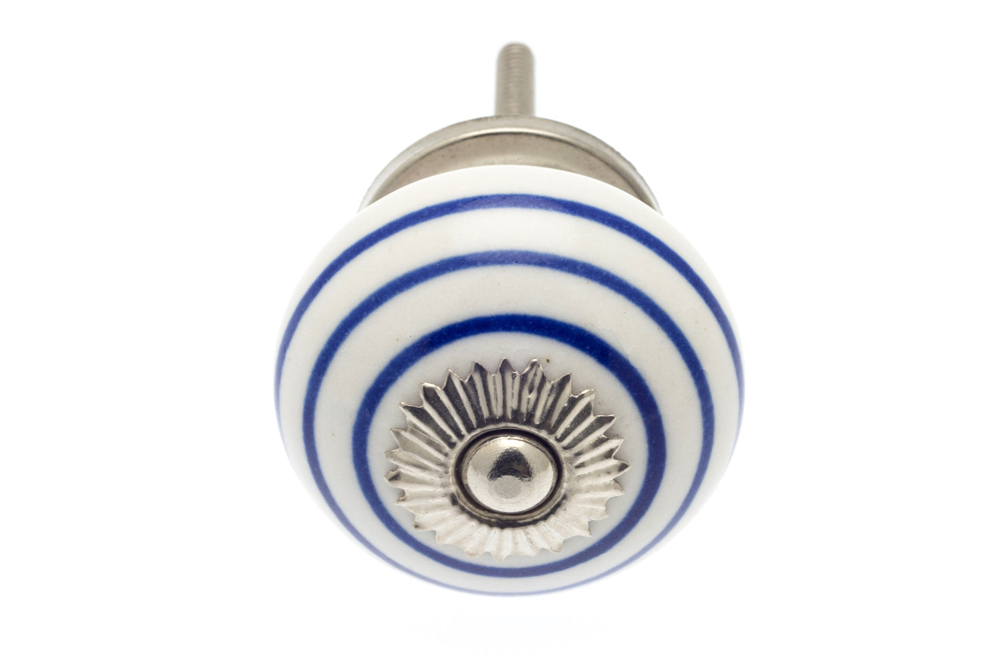 Round Ceramic Knob White with Navy Blue Stripes / Hoops