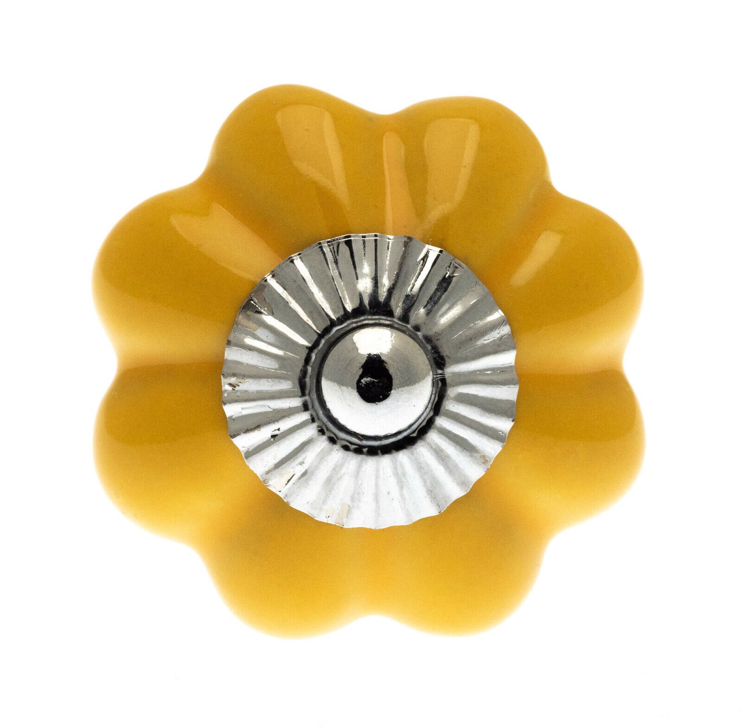 Bouton en céramique en forme de fleur jaune 40 mm avec ferrures chromées