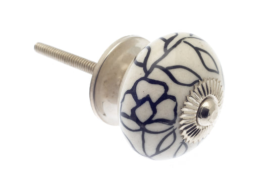 Round Ceramic Knob in Ivory/off White with Black Garland 40mm