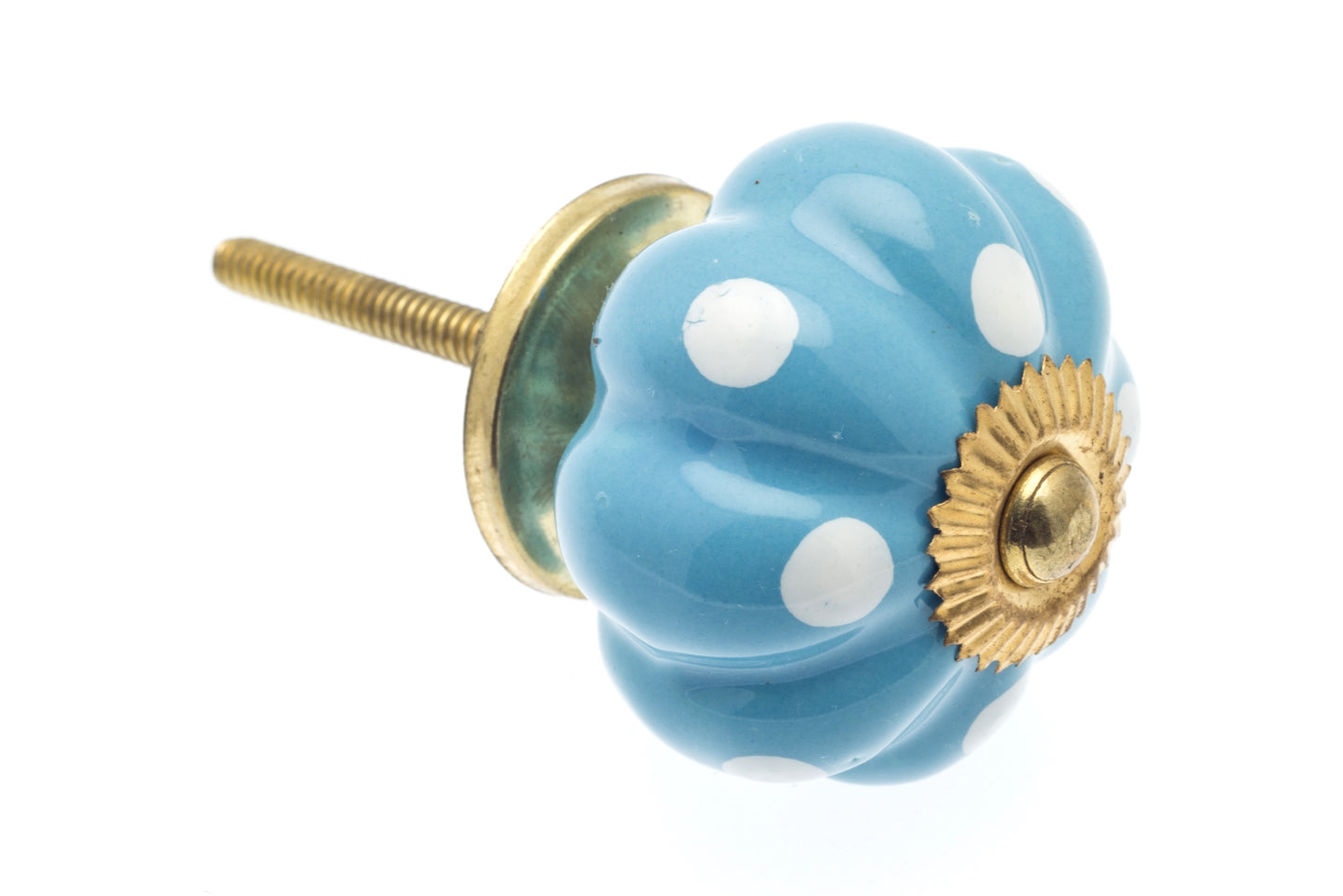 Ceramic Door Knob Sky Blue Flower Shape with White Dots - Polished Brass