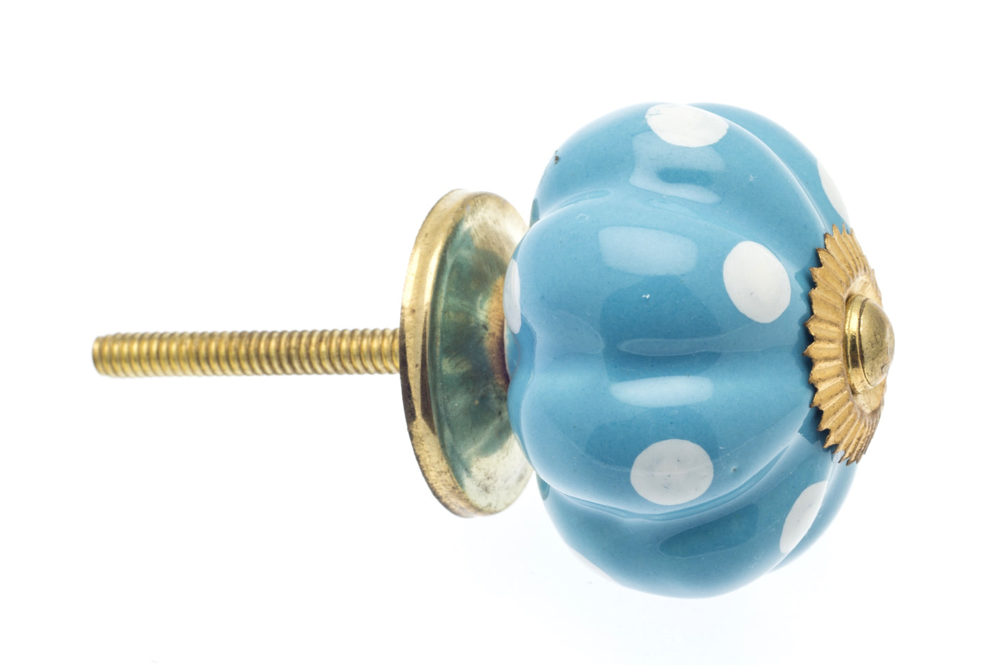 Ceramic Door Knob Sky Blue Flower Shape with White Dots - Polished Brass