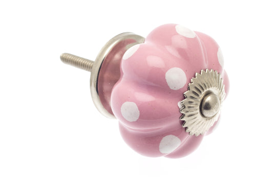 Ceramic Door Knob Flower Shape in Pink with White Dots