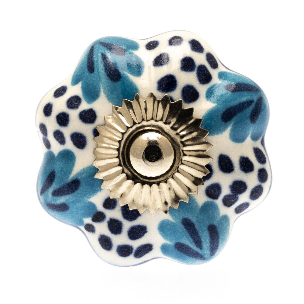 Bouton en céramique blanc avec motifs turquoise et bleu 42 mm