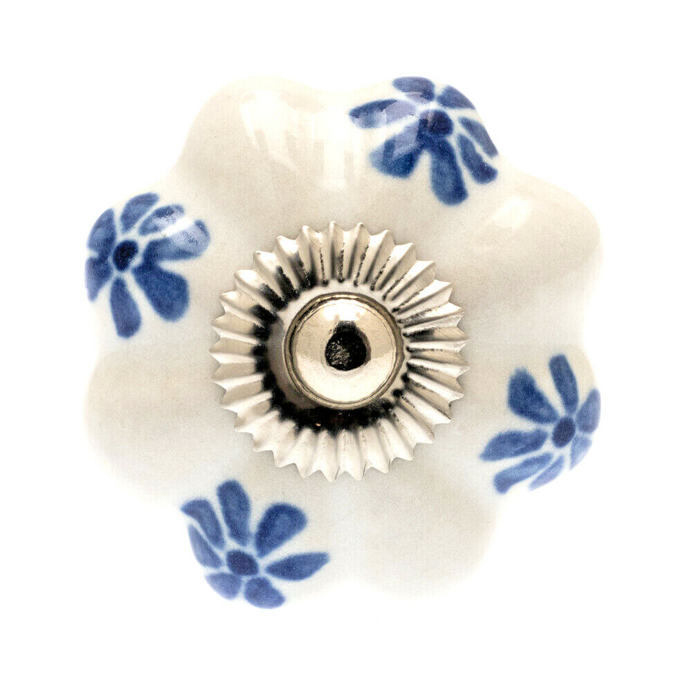Flower Ceramic Knob White with Blue Flowers 42mm