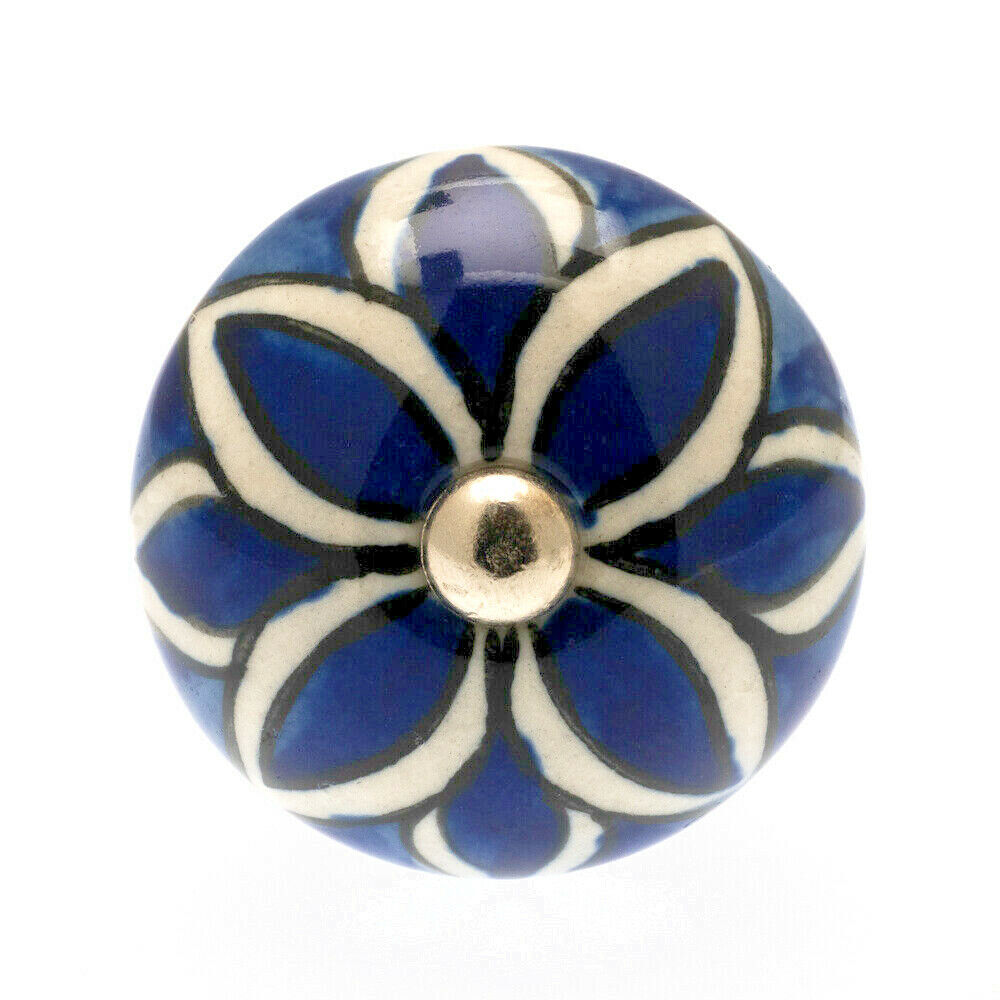 Bouton rond en céramique blanc avec feuilles bleues 40 mm