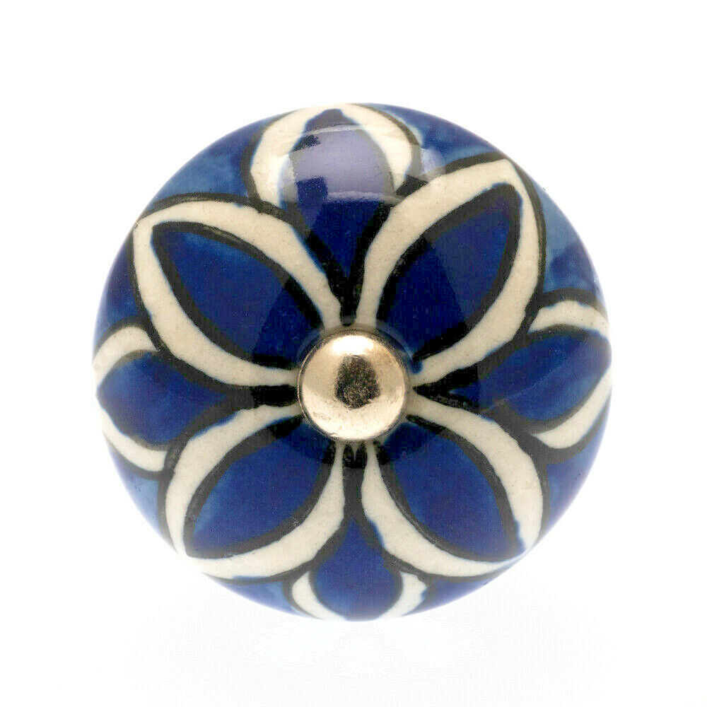 Round Ceramic Knob White with Blue Leaves 40mm