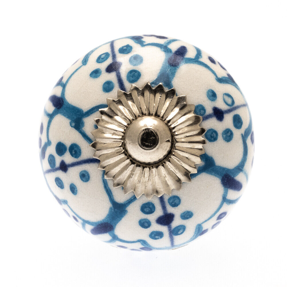 Ceramic Knob White with Sky Blue Patterns 40mm