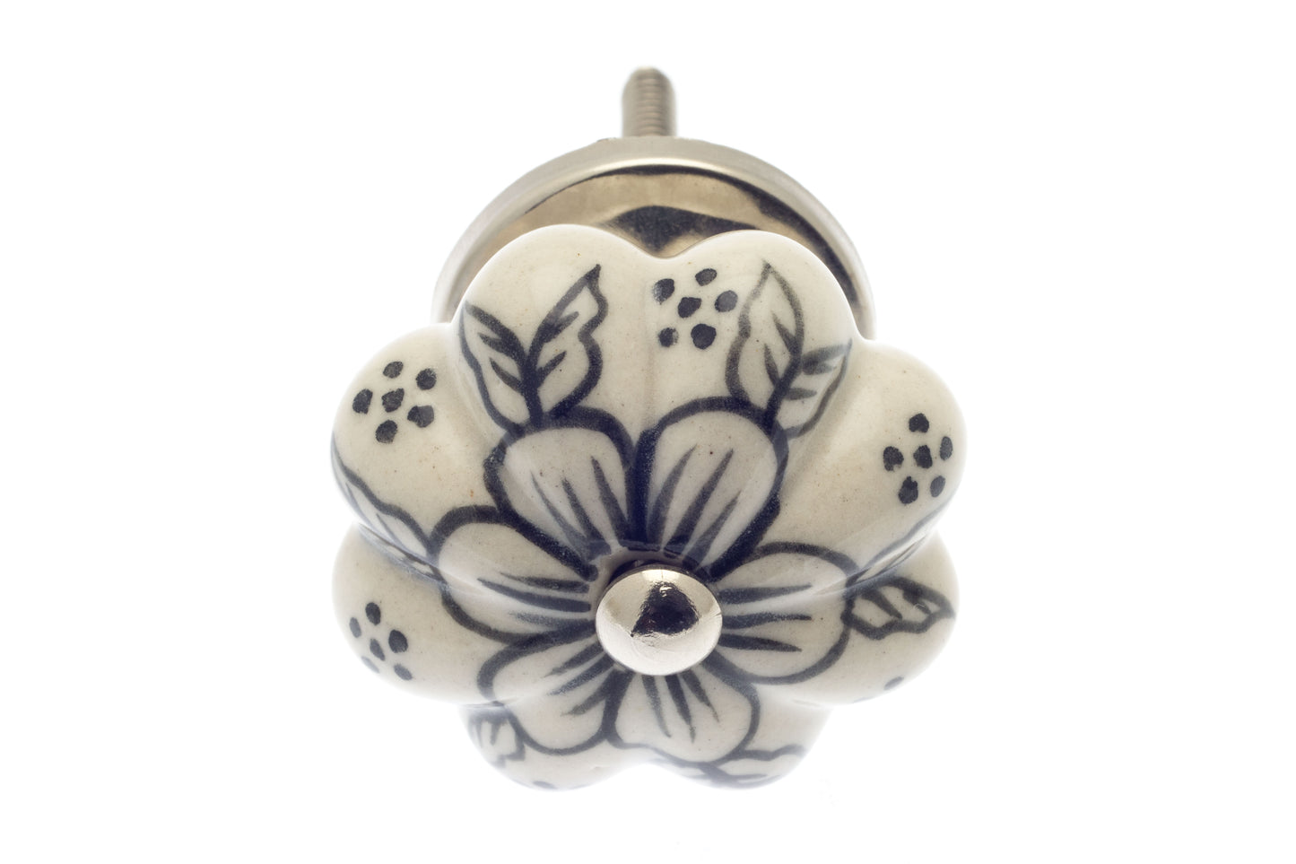 Ceramic Cupboard Knob Off White with Black Flower