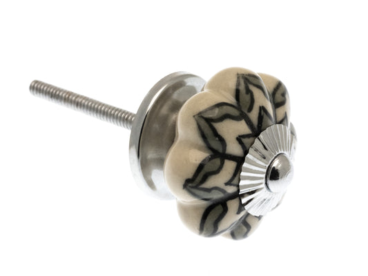 Ceramic Cupboard Knob with Grey and White Pattern on Flower Shape