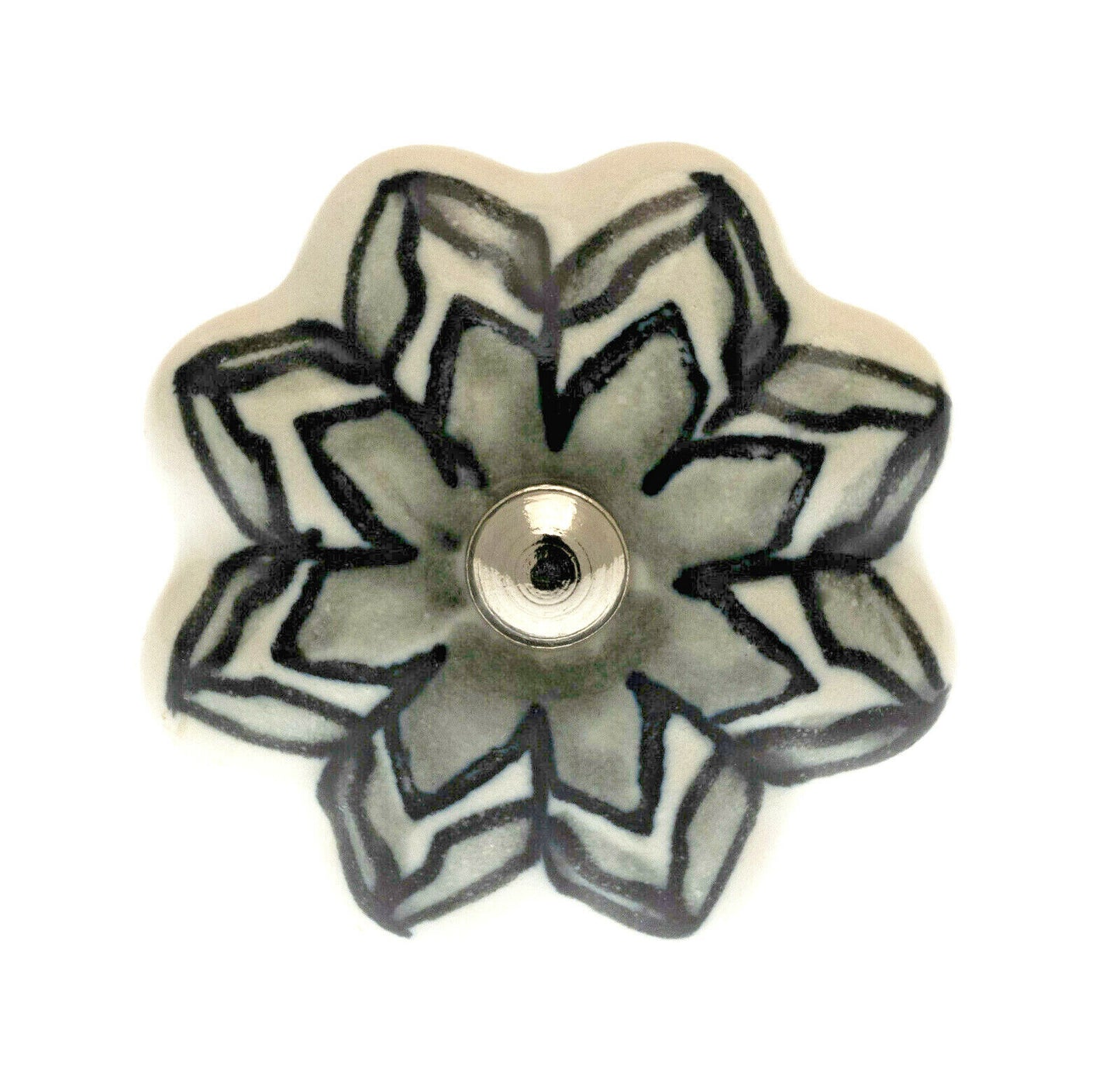 Bouton de placard en céramique avec motif gris et blanc en forme de fleur