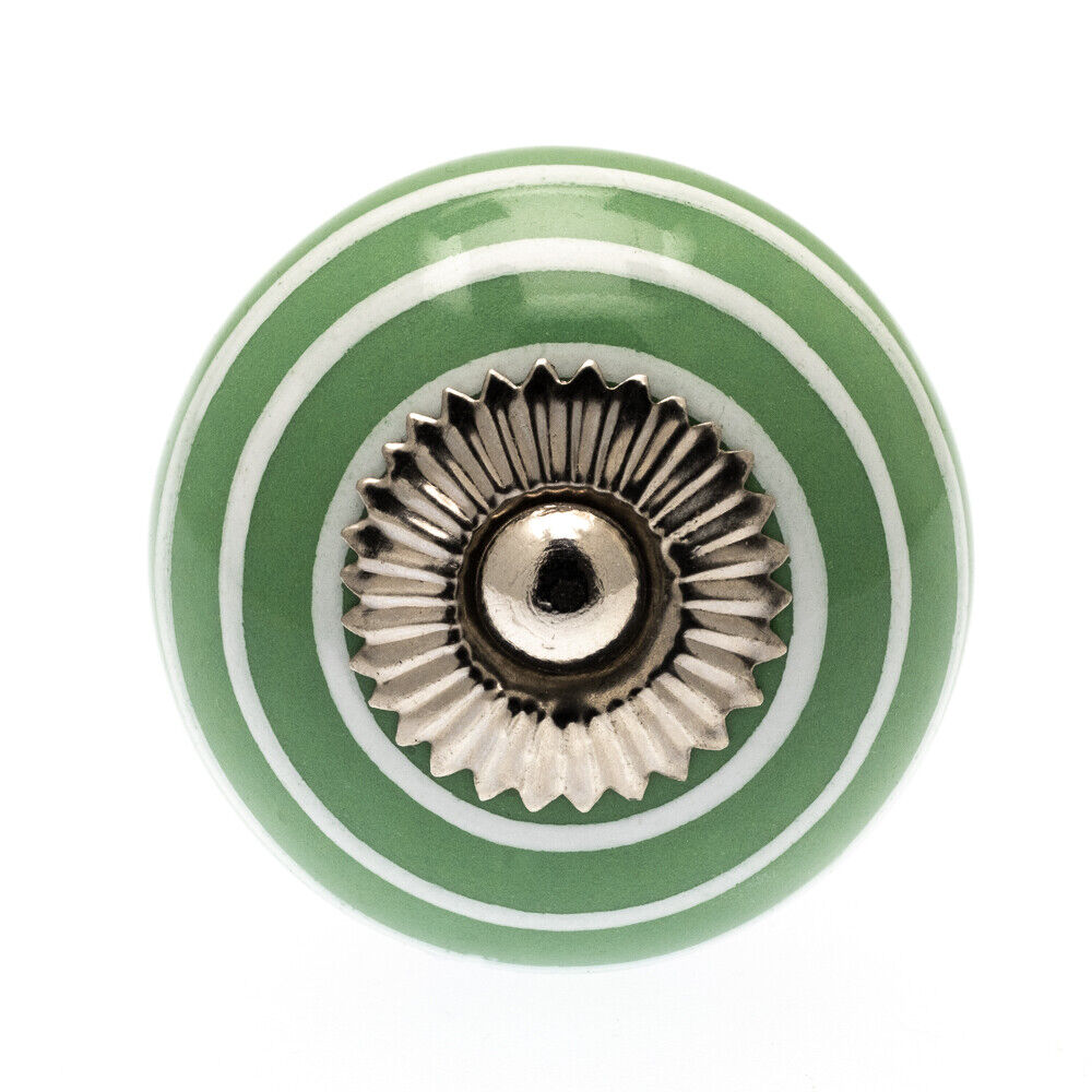 Ceramic Knob Green with White Stripes / Hoops 40mm
