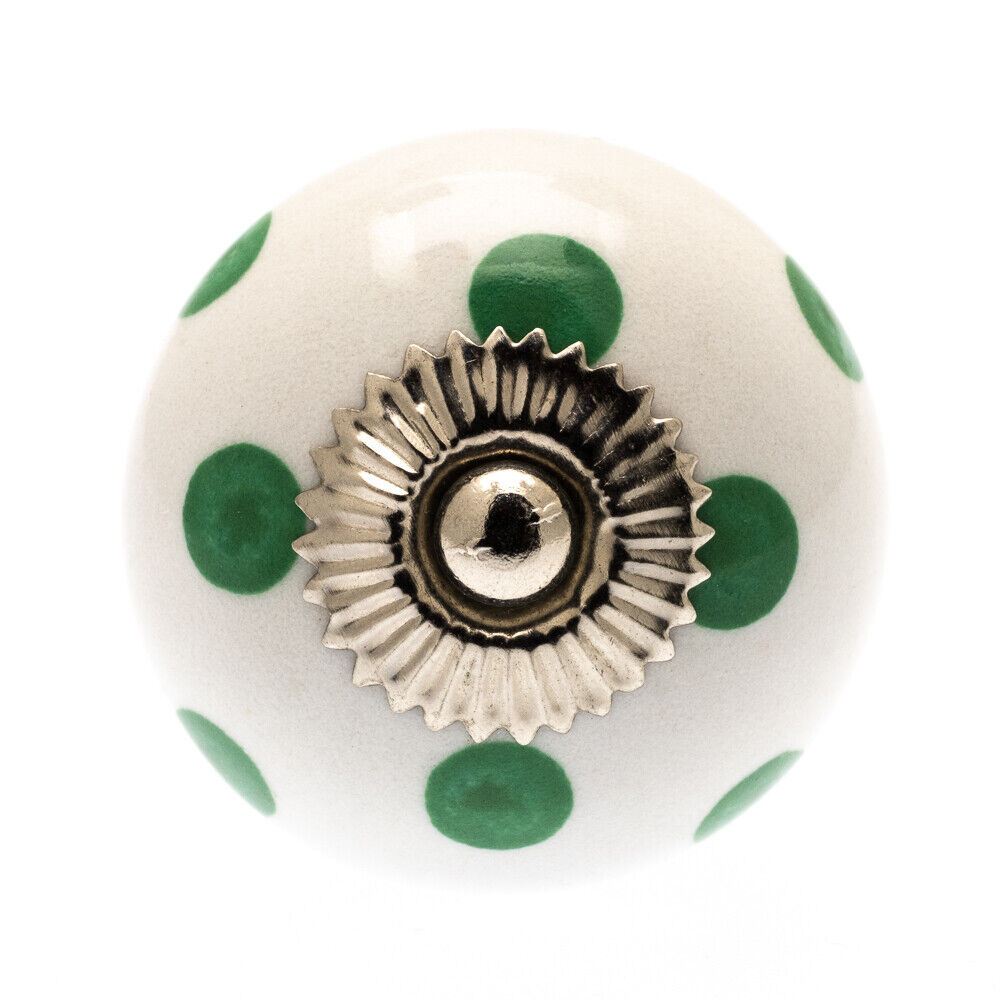 Ceramic Knob White with Green Spots / Dots 40mm
