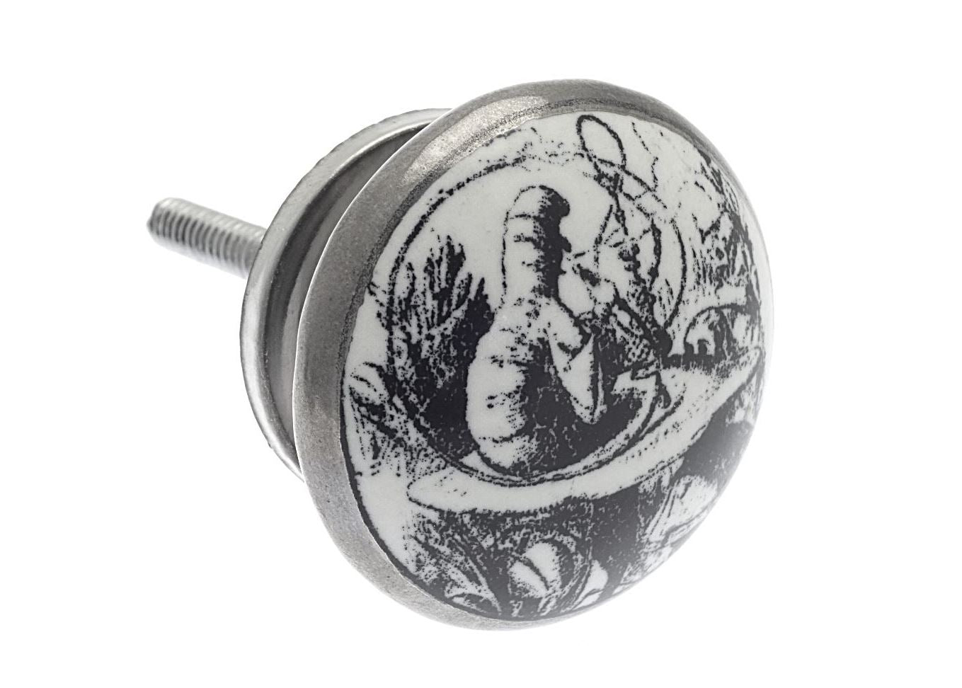 Ceramic Cupboard Knob Alice in Wonderland Caterpillar Antique Silver