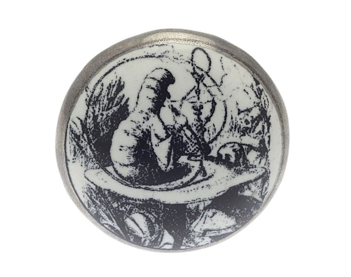 Ceramic Cupboard Knob Alice in Wonderland Caterpillar Antique Silver