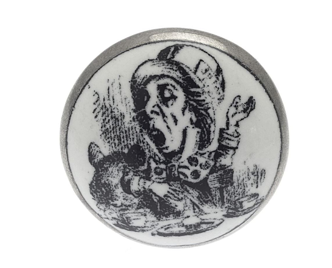 Ceramic Cupboard Knob Alice 'Mad Hatter' Antique Silver