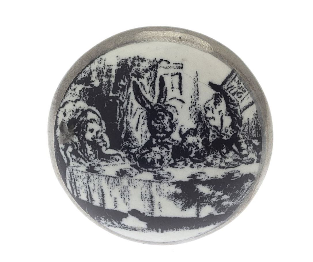 Ceramic Cupboard Knob Alice 'Mad Hatter's Tea Party' Antique Silver