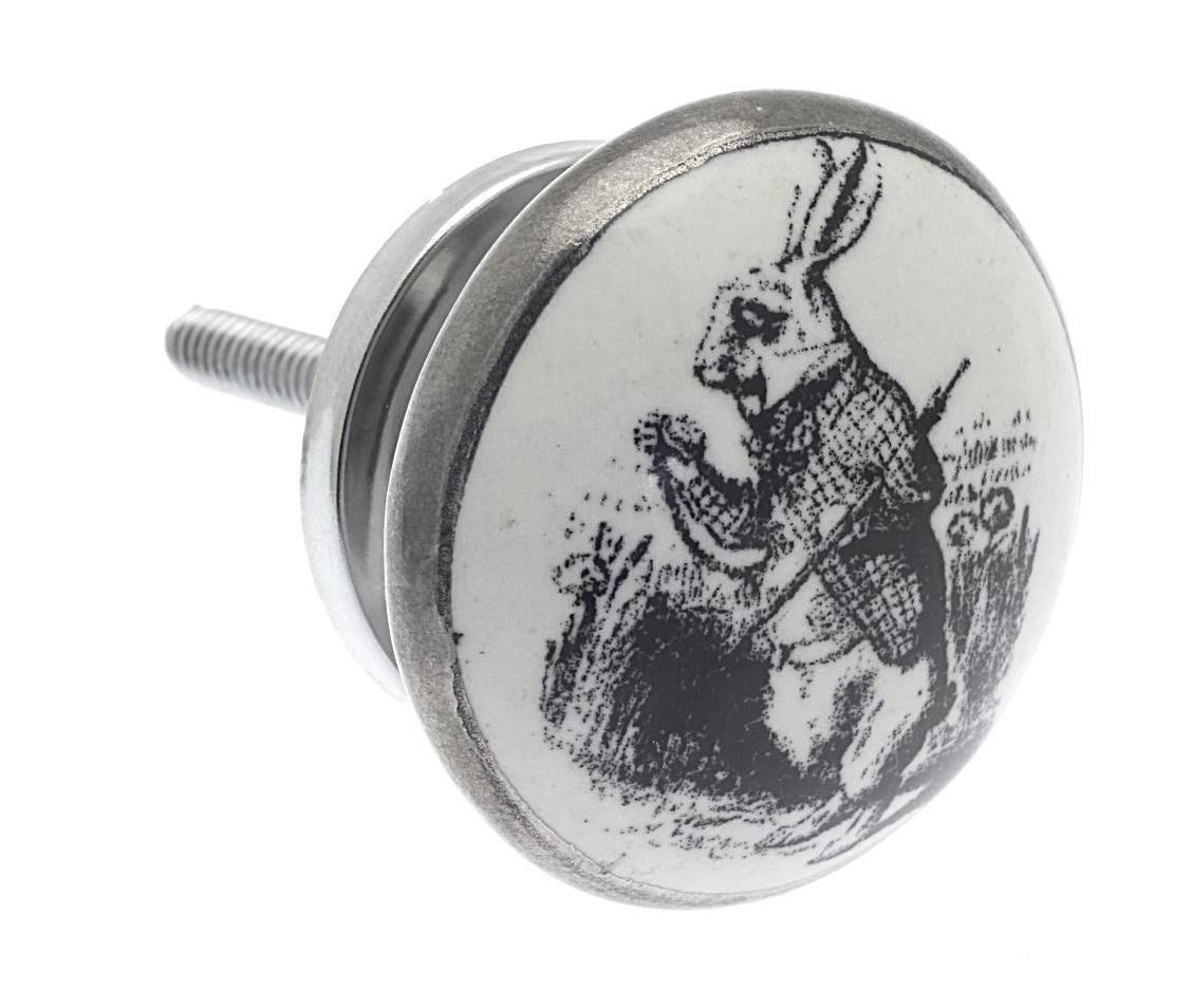 Ceramic Cupboard Knob Alice 'White Rabbit' Antique Silver