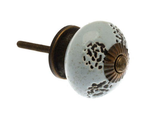 Ceramic Cupboard Door Knobs Stone Grey Blue Distressed Finish with Antique Brass Base and Fittings