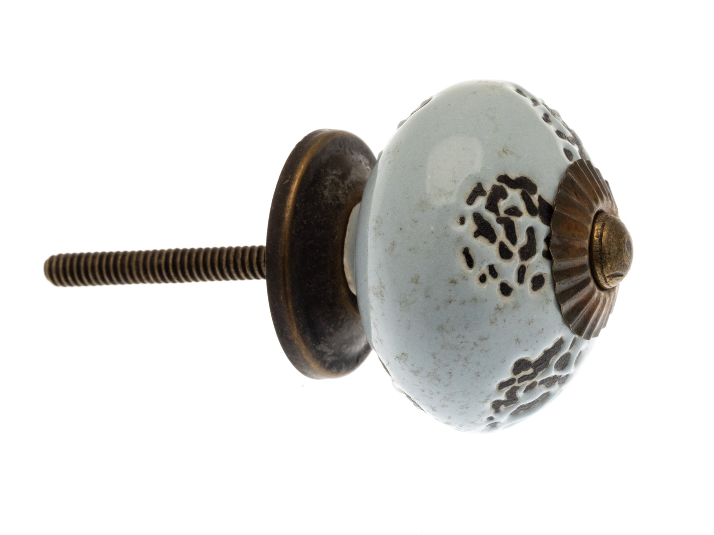 Ceramic Cupboard Door Knobs Stone Grey Blue Distressed Finish with Antique Brass Base and Fittings