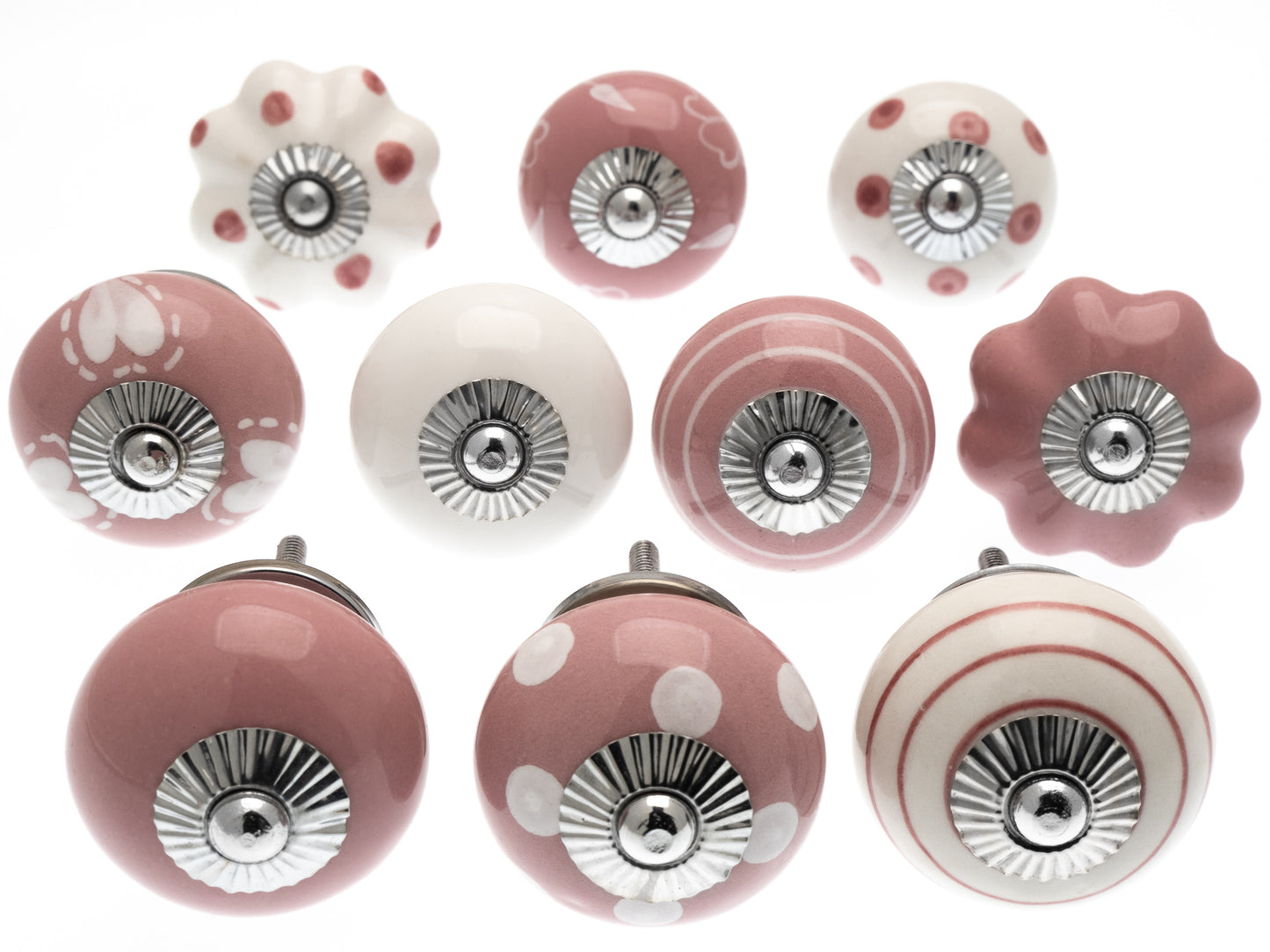 Boutons de porte en céramique peints à la main en rose et blanc (Ensemble de 10)