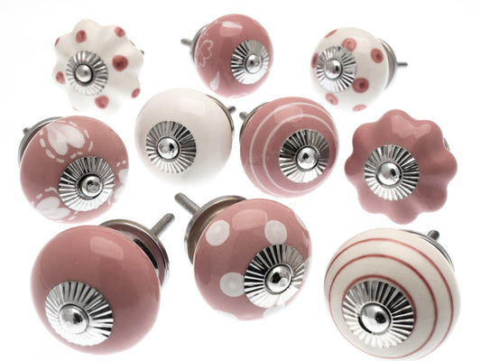 Ceramic Door Knobs Hand Painted Pink & White (Set of 10)