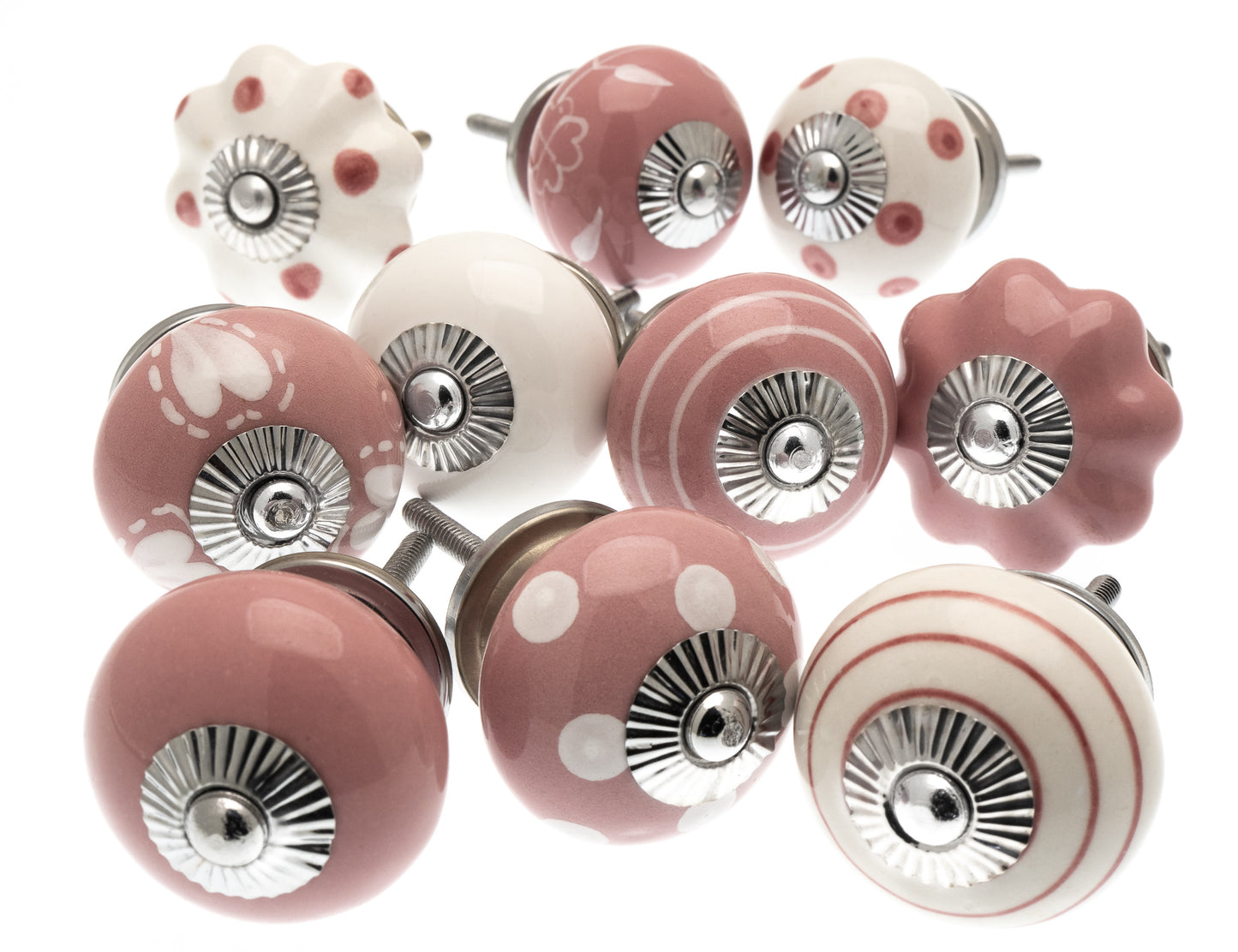 Boutons de porte en céramique peints à la main en rose et blanc (Ensemble de 10)
