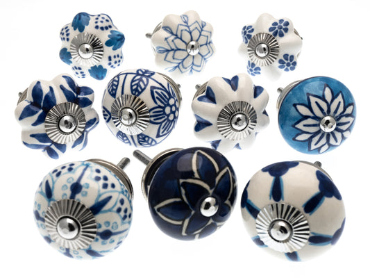 Ceramic Door Knobs Artisan Mixed Blue & White (Set of 10)