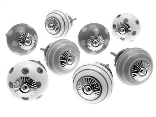 Ceramic Door Knobs in Whisper Greys Hand Painted Spots and Stripes  - Set of 8