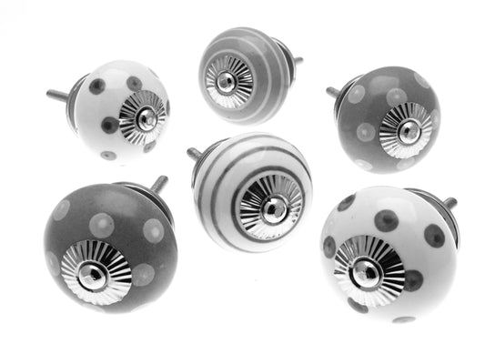 Ceramic Door Knobs Whisper Greys in Spots and Stripes Set of 6