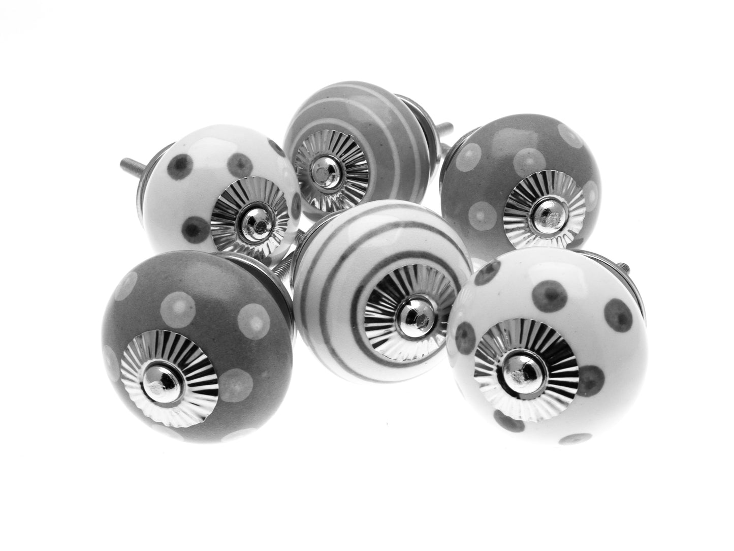 Ceramic Door Knobs Whisper Greys in Spots and Stripes Set of 6